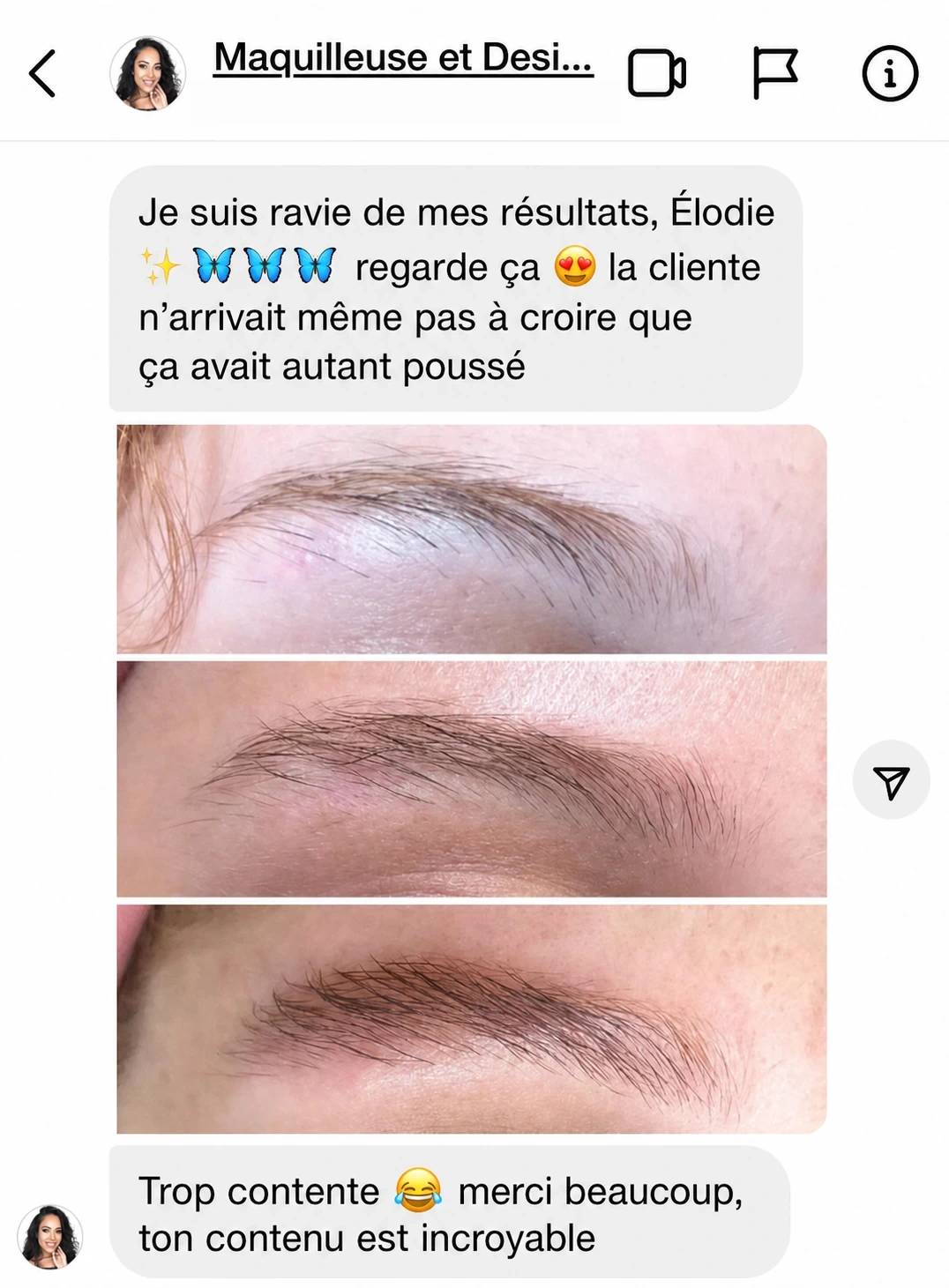 Print de témoignage montrant une cliente satisfaite de l’évolution de ses sourcils.