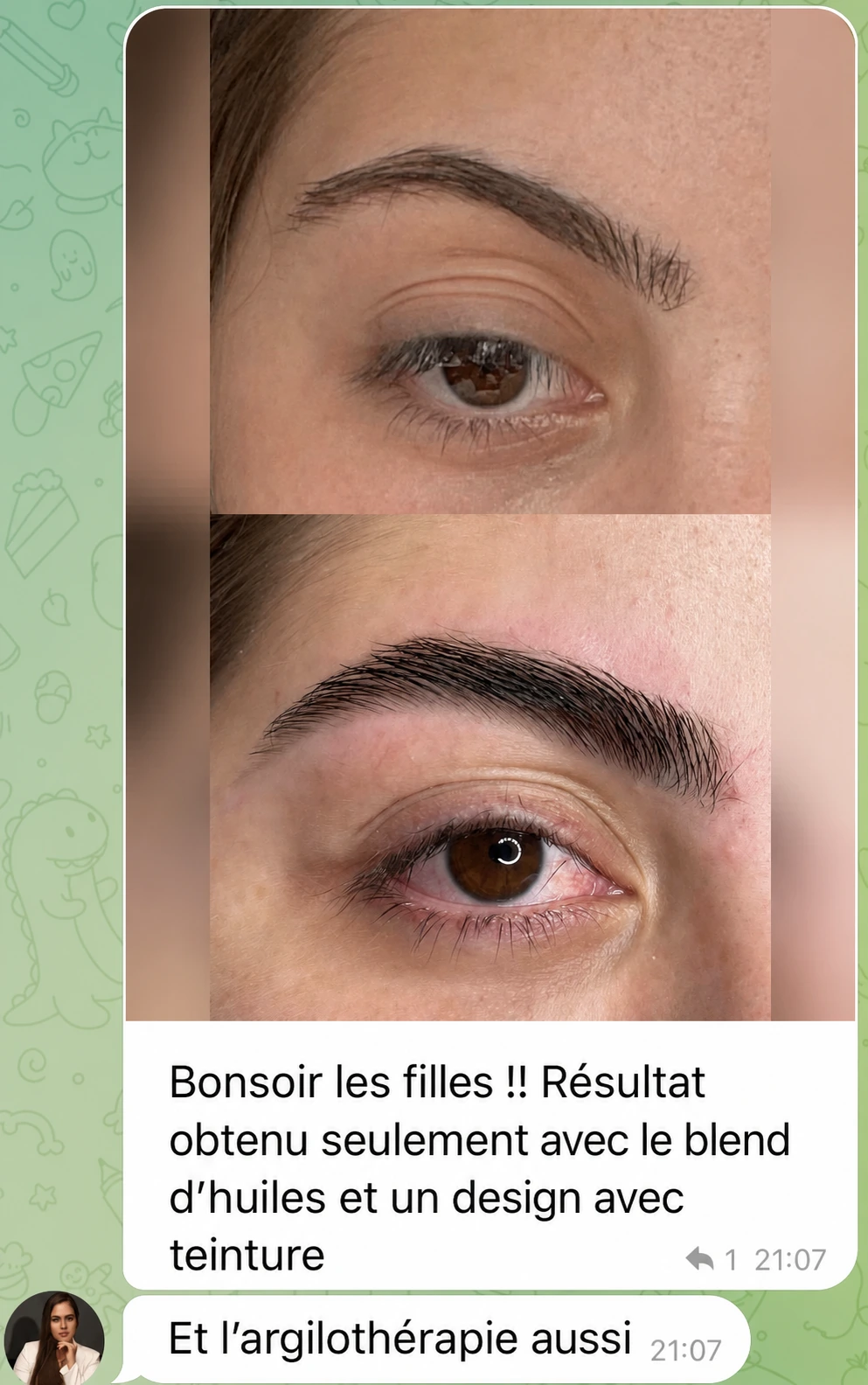 Print de témoignage montrant un avant-après de sourcils avec routine cosmétique.