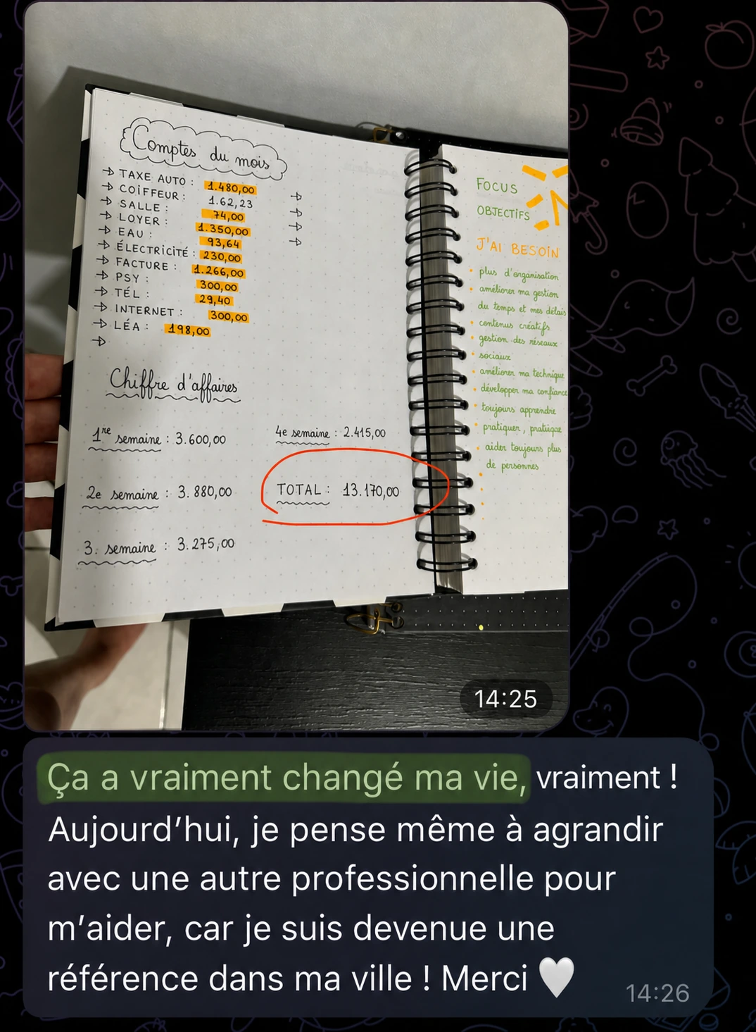 Print de témoignage sur l’organisation, le chiffre d’affaires et l’impact professionnel.
