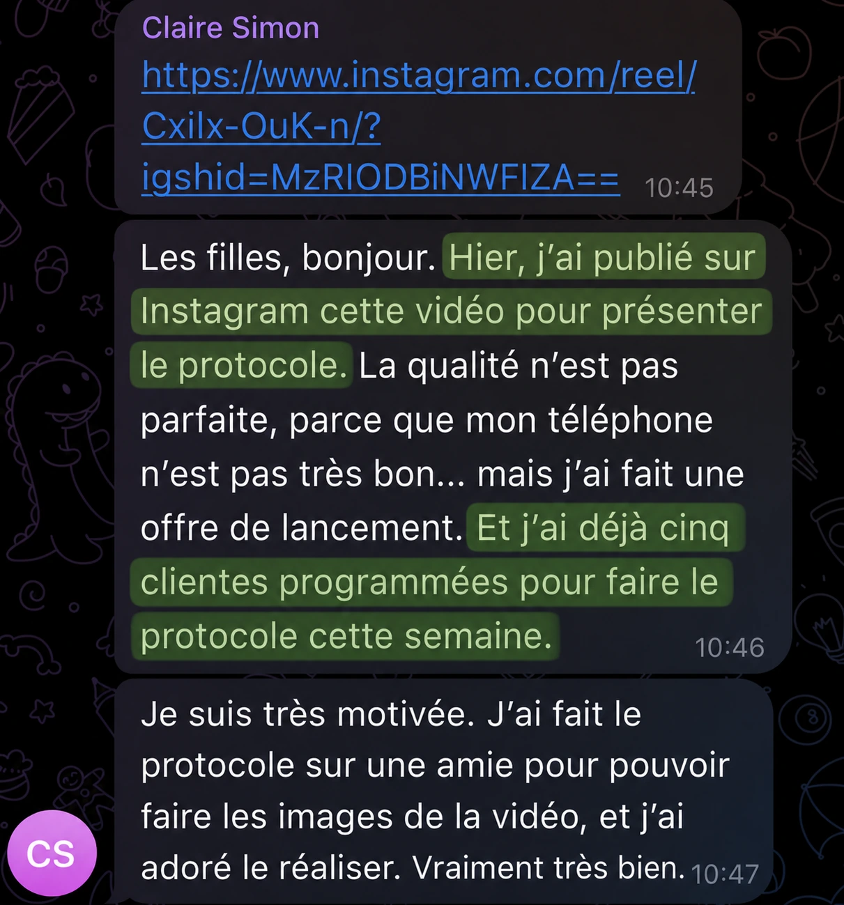 Print de témoignage d’une professionnelle qui présente le protocole et planifie des clientes.